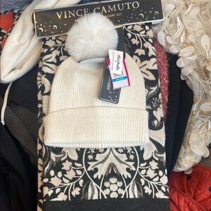 Vince Camuto White Pom Pom Beanie and Scarf Set